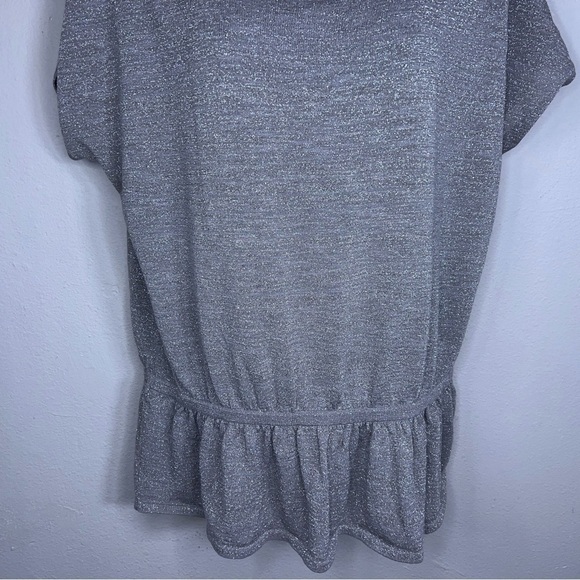 LARGE EXPRESS BEIGE GLITTER KNIT TOP SHORT SLEEVE PEPLUM STRETCH NEUTRAL - Picture 3 of 10